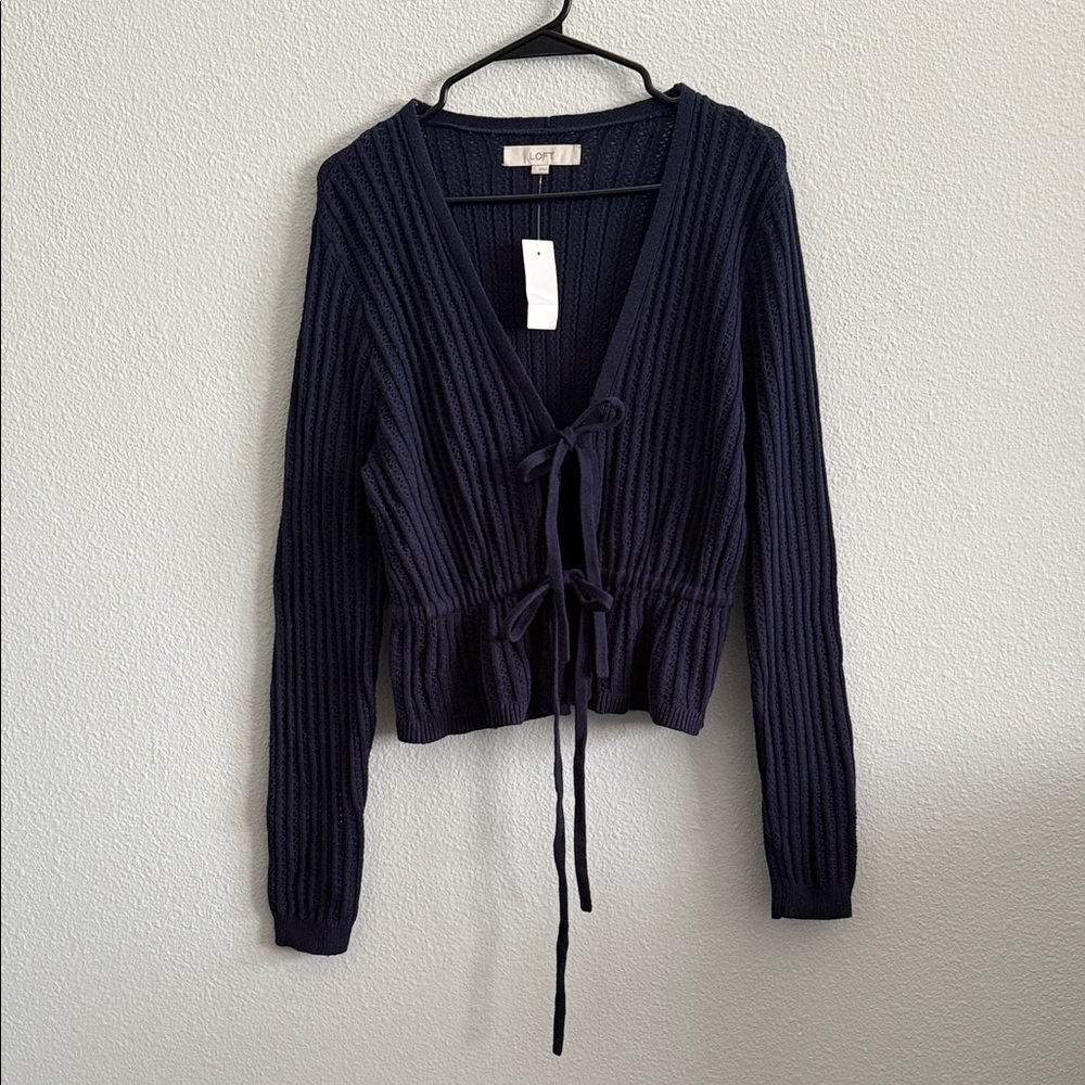 LOFT Ribbed Wrap Tie Cardigan Size L Navy Blue Cotton Blend Sweater